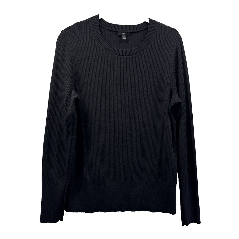 Talbots Women's Sweater Top Size Large Solid Black Long Sleeve Crew Neck Gothic
